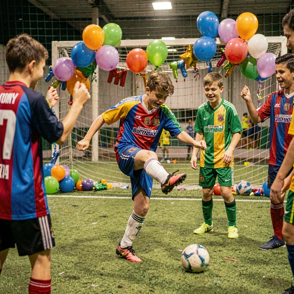 Teenage boys playing indoor soccer celebrating a birthday