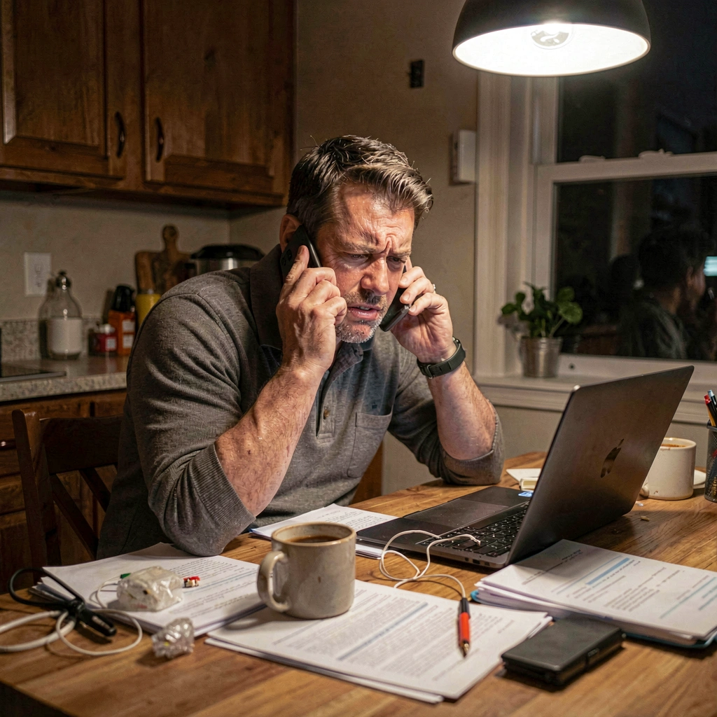 Frustrated parent on phone trying to book a birthday party